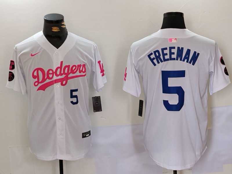 Men%27s Los Angeles Dodgers #5 Freddie Freeman White Pink Vin & Kobe Patch Stitched Baseball Jersey1->los angeles dodgers->MLB Jersey